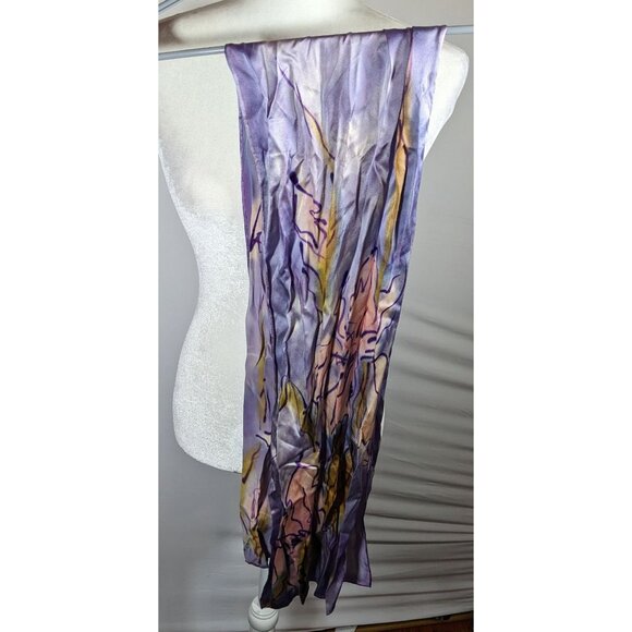 Abstract Floral Hand Painted Signed Purple Silk Art Scarf - Picture 7 of 7